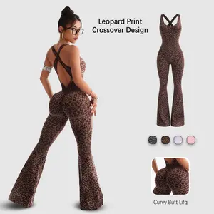 NVWA Women's Leopard Print Flared Sports Jumpsuit - Backless Cut, Sexy Hollow Cross-Twisted Back, High-Waisted Gym Bodysuit, Cooling Quick-Drying Figure-Flattering Comfy, Sports Clothes, Outfits, Yoga Wear for Yoga, Workout, Outdoor Fun