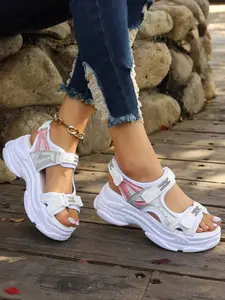 Women's Stylish Thick Sole Sport Sandals for Summer, Casual Velcro Beach Roman Shoes, Comfortable Textile Upper, Perfect for Outdoor Wear