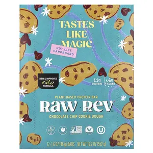 Raw Rev Plant-Based Protein Bar, Chocolate Chip Cookie Dough, 12 Bars, 1.6 oz (46 g) Each