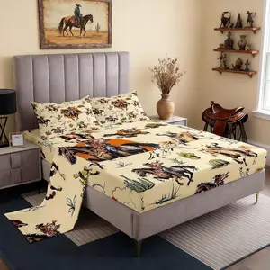 Western Cowboys Horses Bed Sheet Set,Retro Farmhouse Style Tropical Cactus Plants Fitted Sheet Set,Hand Draw Mountain Sun Sheet Set