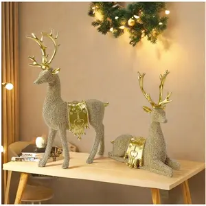 Christmas Reindeer Figurines Set, Elegant Resin Craft Deer Statues Decorations for Christmas Thanksgiving New Year & Halloween Home Studio Living Room