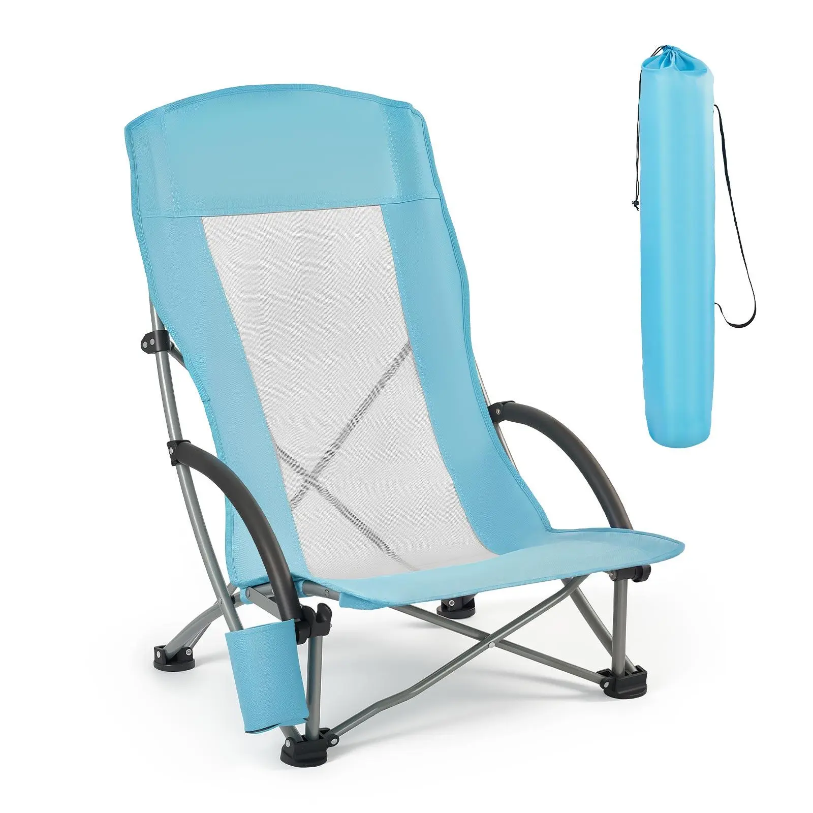 VEVOR Folding Beach Chair, High Back Camping Chairs for Adults, with Cup Pocket, Mesh Back, Carry Bag, Portable Extra Wide Seat Chair 330 lbs Heavy Duty Support, for Outdoor, Camp, Light Blue#BackToSchool