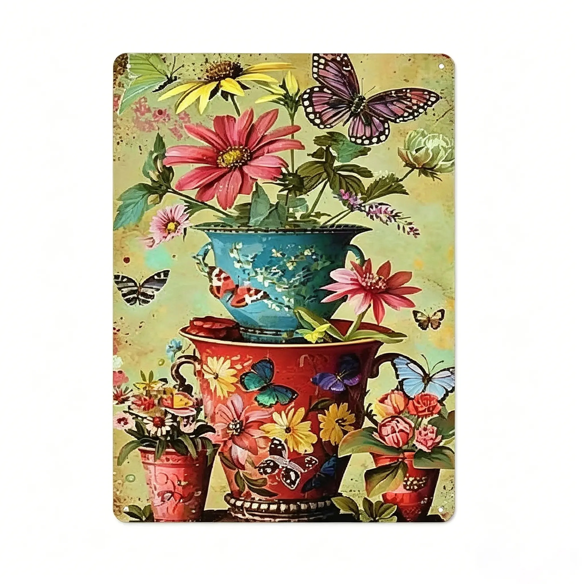Vintage Stacked Teacup Flowers & Butterfly Metal Tin Sign - Floral Boho Print Botanical Wall Art, Decoration Items for Cottagecore Kitchen Home Decor