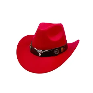 OIDEA Unisex Woolen Cowboy Hat - Fashion Western Cotton Felt-Look, Wide Retro Rolled Brim, Bull Head Belt Band, Ideal for Party, Outdoor Riding,summervibes Solid Color Hat, Vintage Fashion Hat, Hats For Women summerwins