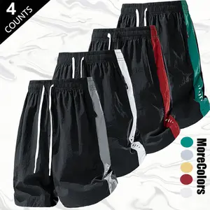 Men's Color-Block Athletic Shorts Four-Pack Summer American Streetwear Casual Sporty Style with Breathable Perforations Zippered Pockets Drawstring Waistband Ice Silk Cool-Touch Quick-Dry Menswear Tropical - Elastic, Beige