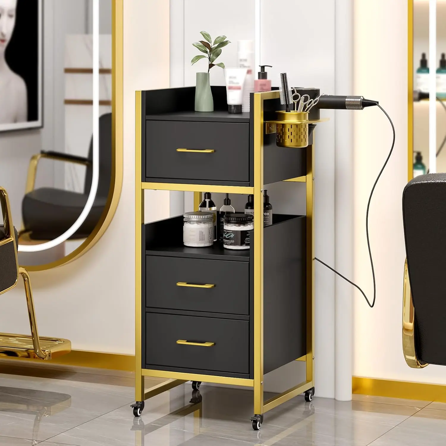 OmySalon Rolling Nail Table - Sturdy Stable Affordable Commercial Salon Furniture, Wheeled Stand Nail Esthetician Cart with 3 Drawers, 2 Open Shelves, Tool Holders for Beauty Spas