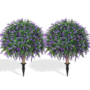 2 Pack Artificial Topiary Boxwood Ball Trees Lavender Fake Decorative Plants for Porch & Garden UV Resistant Outdoor Faux Bushes Set of 2 Large Indoor Entryway Decor