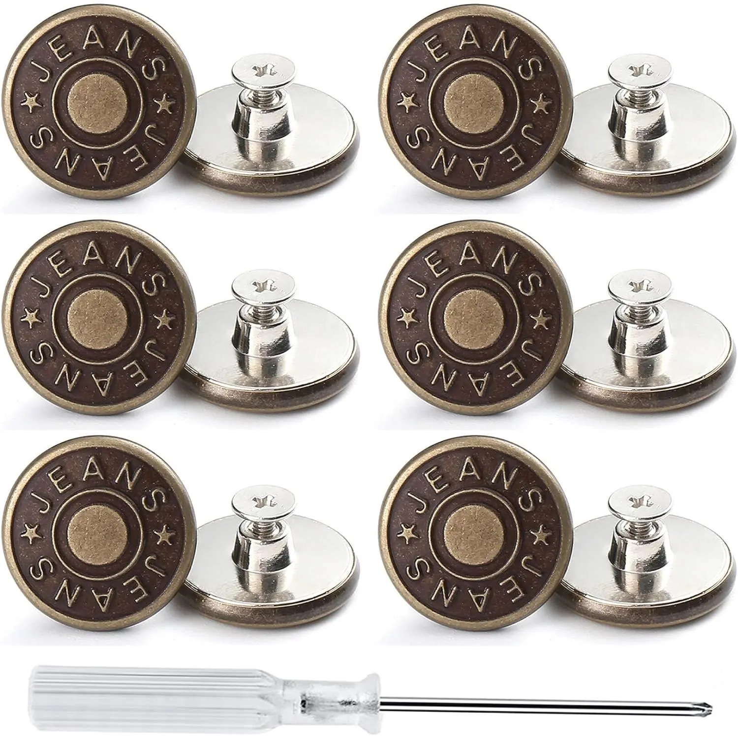 12 Sets Adjustable Buttons for Jeans, 20mm No Sew Instant Metal Buttons, Removable Jean Buttons Replacement Repair Kit with Threads Rivets and