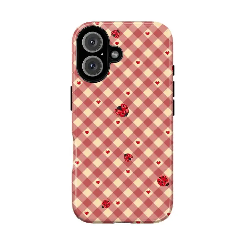Ladybug Hearts Checkered Phone Case | Cartoon Bugs in Motion Scattered Hearts Vintage Whimsy Vibes For iPhone 17 Pro Max 16 15 14 13 12 11 for Samsung S21 S22 S23 S24 S25 Phone Case | Tough Phone Case | Gift for Him/Her