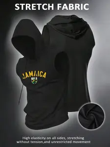 Men's Sleeveless Hooded Gym Vest, Workout Vest, sports fitness vest, Athletic Workout Clothing, Jamaica Letter & Flag Emblem Print, Patriotic Sports Style, High Stretch Breathable Fabric, Sports Apparel, Sleeveless Sports Vests, Sleeveless Sporty Design