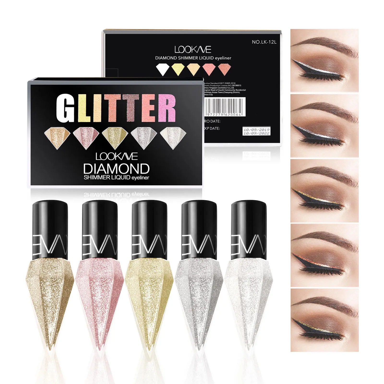 5-Piece Glitter Eyeliner Bottle Multi-Pack with Hyaluronic Acid - Waterproof, Quick-Drying, Long-Lasting Shimmery Eye Cosmetics, Eyeshadow Stick, Gluten-Free, Brightening, Lipliner Compatible Eyeliner Alternative