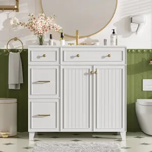 36" Bathroom Vanity with Ceramic Sink, Standard and Double-Layer Drawers, Soft Close Doors, Adjustable Shelves, Modern Storage Cabinet for Small and Medium Bathrooms   WL RR