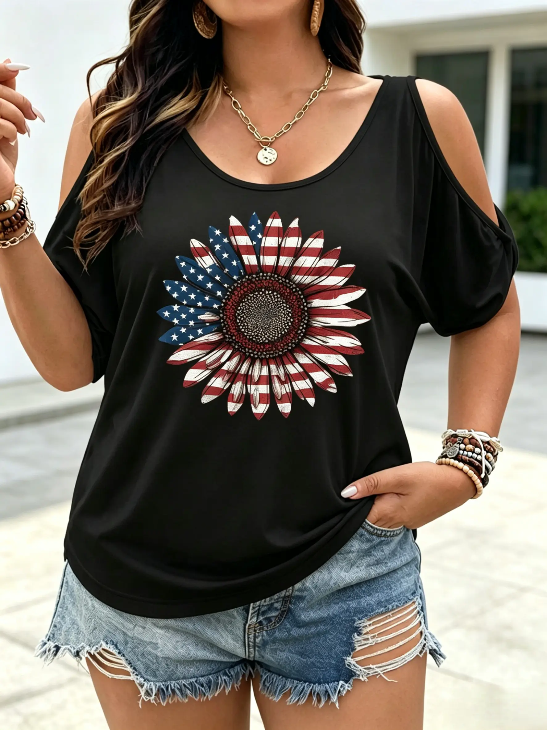 Women's Plus Size Cold Shoulder Short Sleeve T-Shirt, Vintage USA Flag Sunflower Print, Loose Round Neck Casual Top for 4th of July & America 250 Semiquincentennial Celebration women oversized tshirt us a festive wear