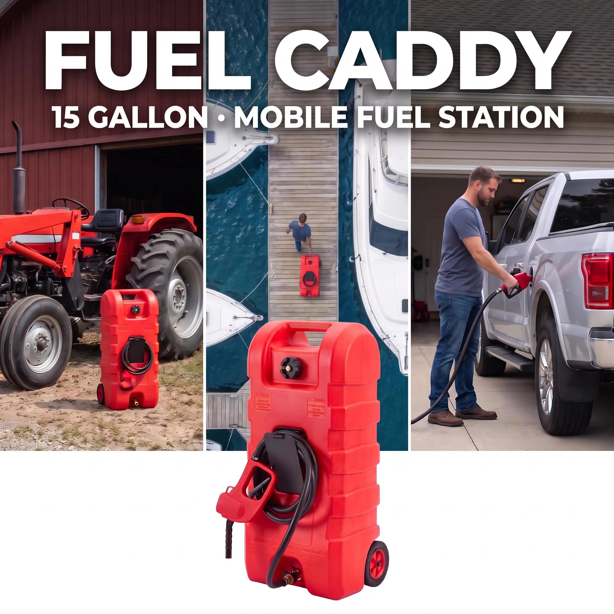【Fathersdaygift】GARVEE 15 Gallon Portable Fuel Caddy with LE Pump & 10ft Hose for Gasoline Diesel Storage on Wheels for Cars Lawn Mowers ATVs Boats Red Yellow Gray Options - Convenience