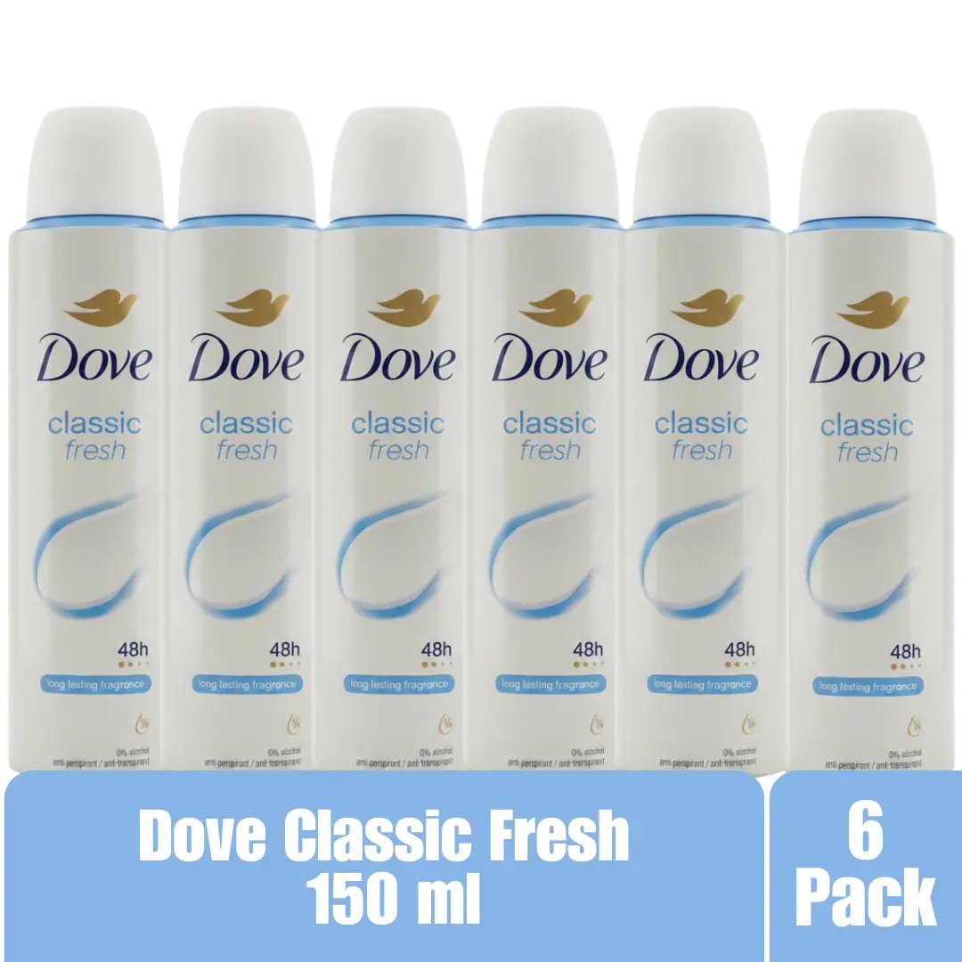 Dove Classic Fresh Antiperspirant Deodorant Aerosol Spray 48H Protection Long Lasting Fragrance 1/4 Moisturizing Cream 0% Alcohol 6-Pack