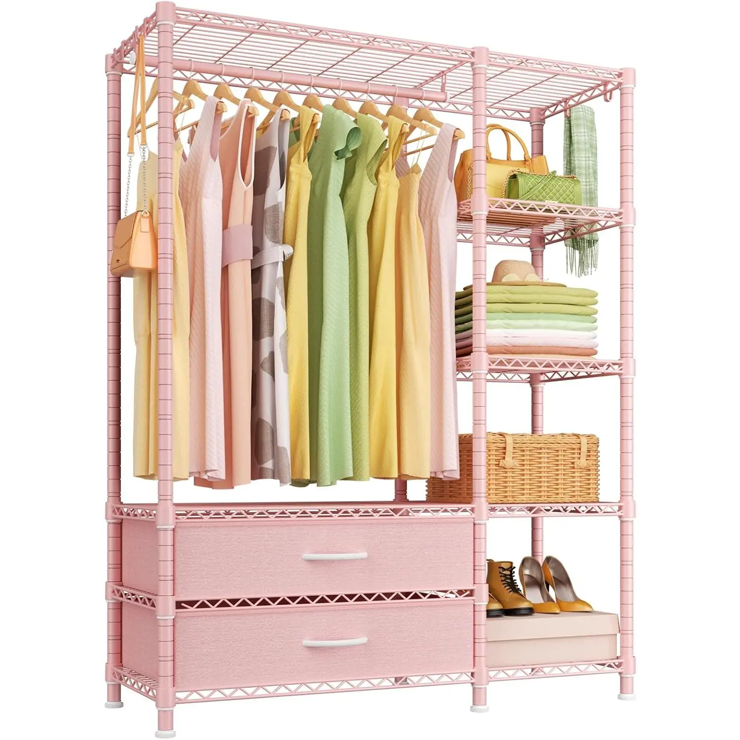 F3 Heavy Duty Clothes RackWith Fabric DrawersFreestanding Clothing Racks for Hanging ClothesAdjustable Closet Organizer SystemPortable Garment Rack 40" W x 15" D x 72" HMax Load 700LBSPink