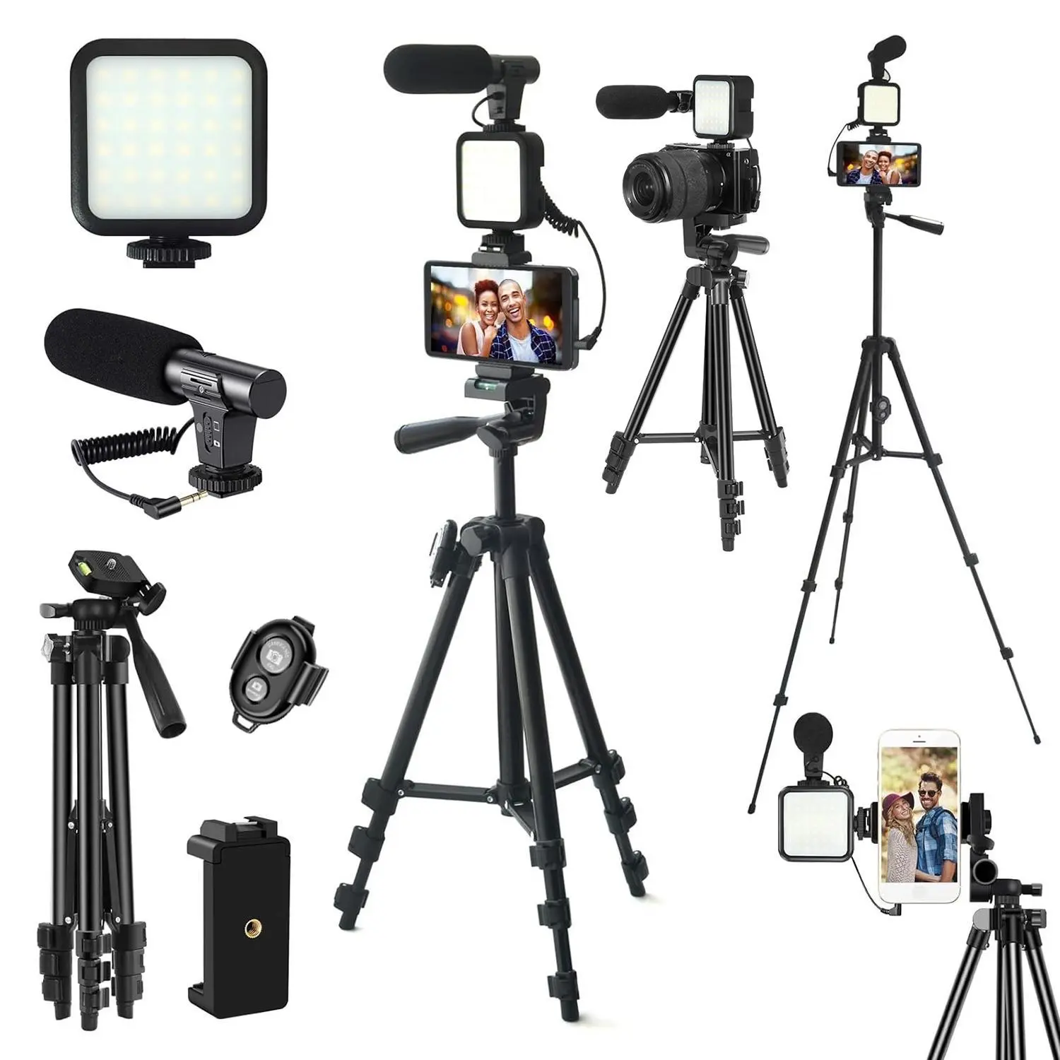 Video Blog Kit 1 Set Telescopic Tripod & Microphone & Fill Light – Professional Video Accessories & YouTube Creators