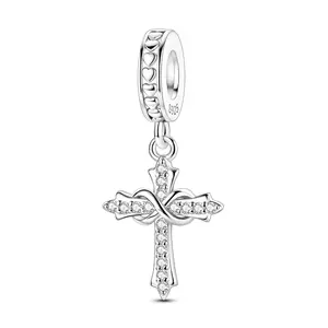 MULA 925 silver-plated cross heart pendant with white gold plating and zircon - religious symbol of faith, love and protection, suitable for Pandora bracelets and necklaces - gift for women and girls