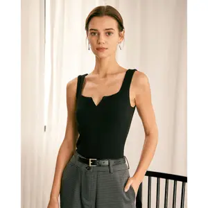 Rihoas Women's Black V-Neck Ribbed Knit Sleeveless Tank Top - Slim Fit, Comfortable, Stretchy Polyester-Nylon-Viscose-Spandex Fabric Women's Clothes for Pairing with Jeans