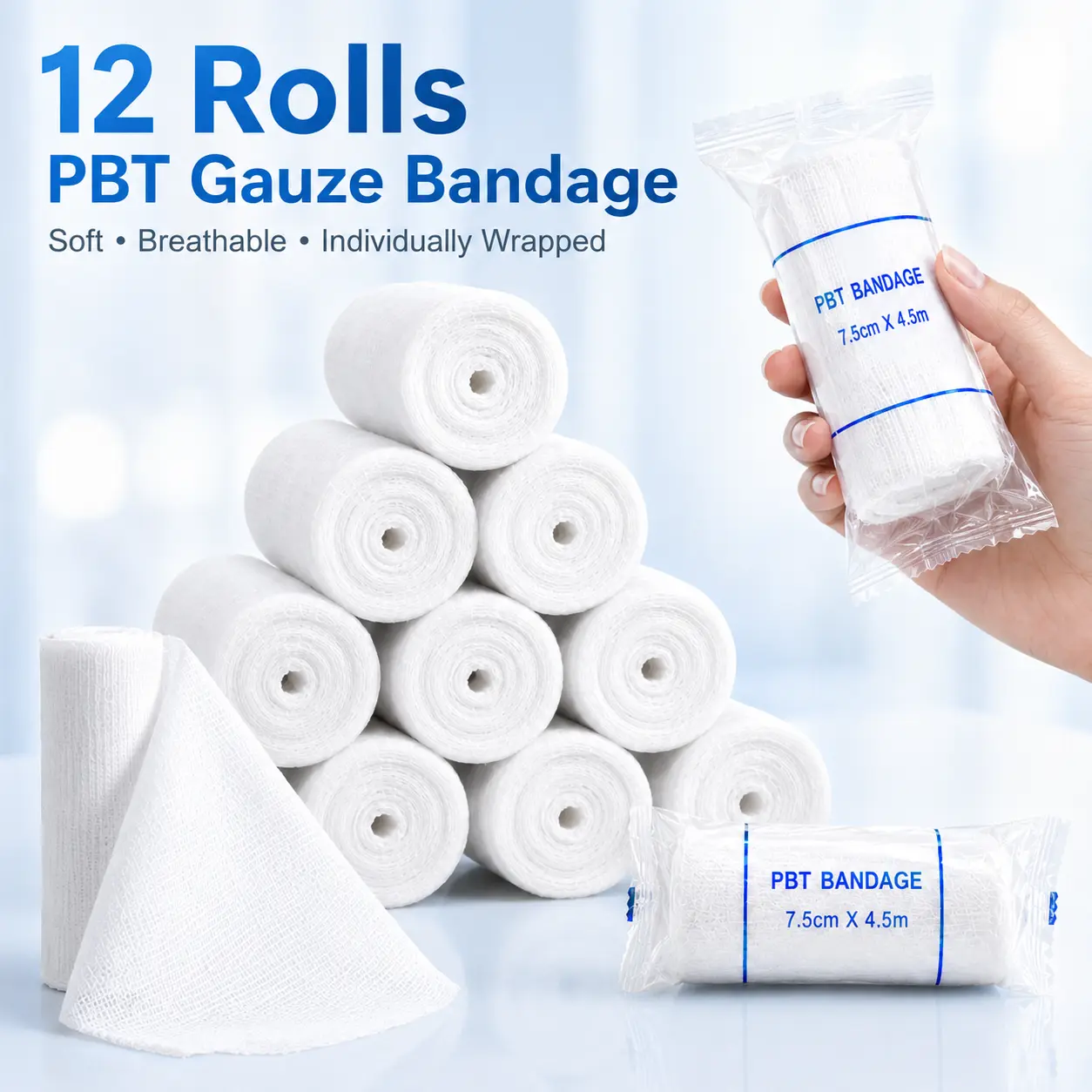 12 Rolls Gauze Bandage Rolls, 3"x4.9yd PBT Stretch Gauze Wrap, Soft Breathable Individually Wrapped Bandages for First Aid Kit, Wound Care, Vet Wrap, Mummy Wraps Emergency Supplies Healthcare