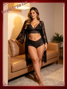 Lace romantic robe (Buy 1 get 2 free: matching lace bra and panties as free gifts)Set with Lace Wrap Robe Sleepwear Sheer Night Dress for Special Occasions and Regular Wear Floral Casual