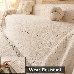 1pc Minimalist Striped Short Plush Sofa Cover - Fringed Edge Craft, Soft, Scratch-Resistant & Pet-Friendly, All-Season Use for Living Room, Fits 1/2/3/4-Seater Sofas, Machine Washable, Hand Washable & Dry Cleanable, Soft Sofa Protector