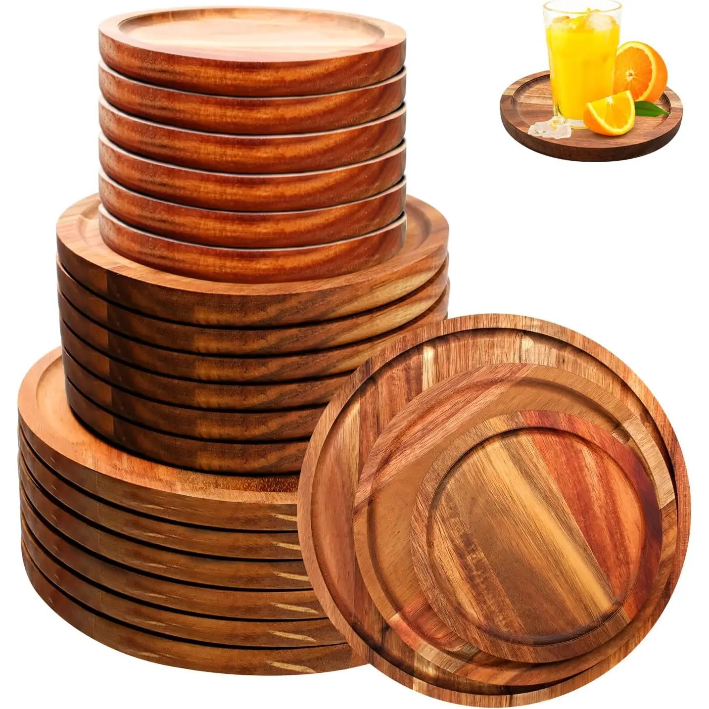 18 Pcs Round Acacia Wood Dinner Plates Set 6 8 10 Inch Natural Classic Food Trays Lightweight Wooden Charger Plates for Serving Dish, Snack, Salad, Dessert, Housewarming Christmas Gifts