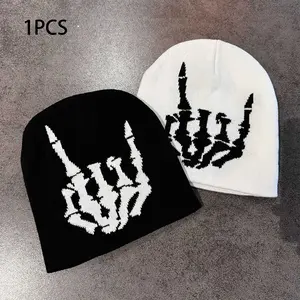 Gothic Punk Skull Knit Beanie, Unisex Rock Hand Skull Embroidery, Embroidered Hat, Warm Casual Hat for Cold Weather, All-Season Fashion Accessory