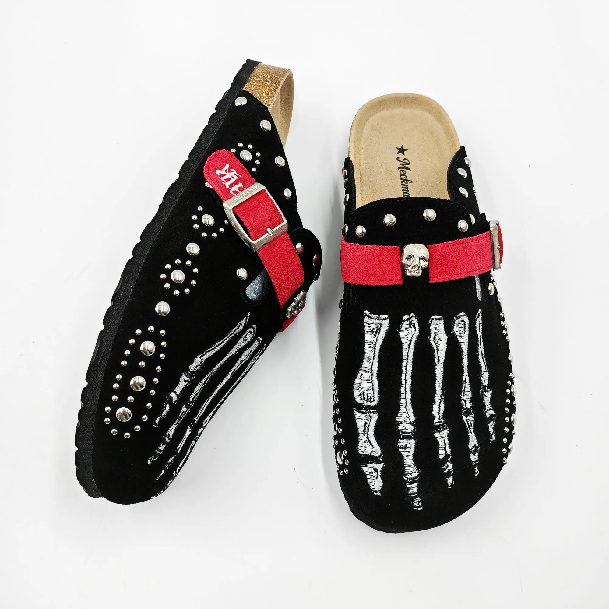 MECKMANLY Unisex Gothic Cow Hide Suede Mules - Red Round Toe Slip-Ons with Skeleton Print, Skull Buckle, Adjustable Strap, Letter Print, Rubber Sole, Street Style, All-Season Footwear