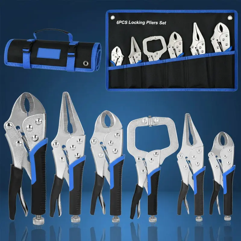 6-Piece Locking Pliers Tool Kit - Heavy-Duty Multi-Function Set with Curved Jaw (5,7,10 in), Long Nose (6-1/2,9-1/2 in), C-Clamp, TPR Handle, Roll-Up Pouch for Easy Storage, Hand Tools, Multi Function Pliers