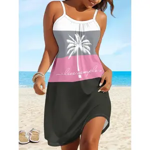New Spring Summer European American Multi Color Patchwork Palm Tree Letter Print Chain Pocket Sexy Color Matching Suspender Dress