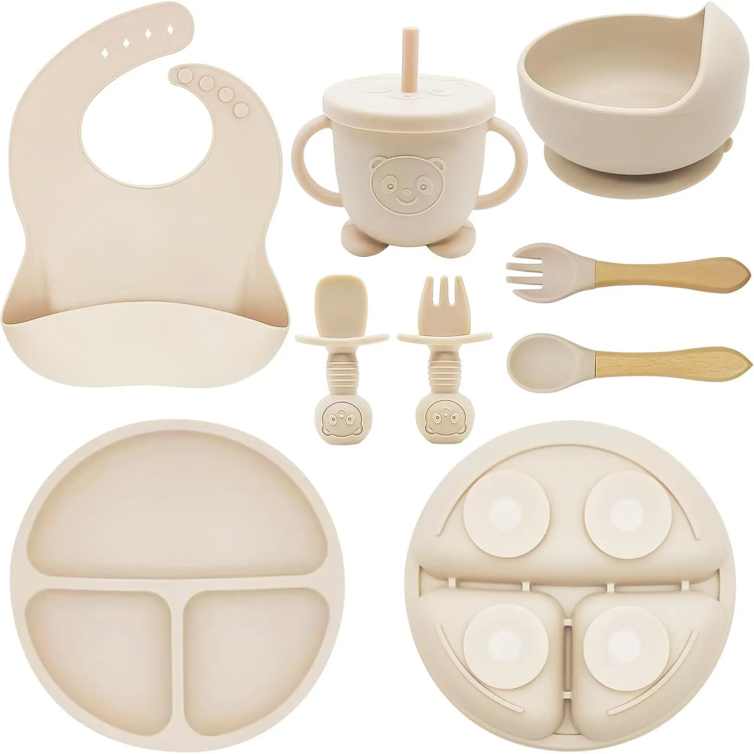 8pcs Silicone Baby Tableware Set, Bib, Suction Plate, Suction Bowl, Wooden Handle Spoon & Fork, Toddler Dinnerware Set, Food Grade, Soft and Safe