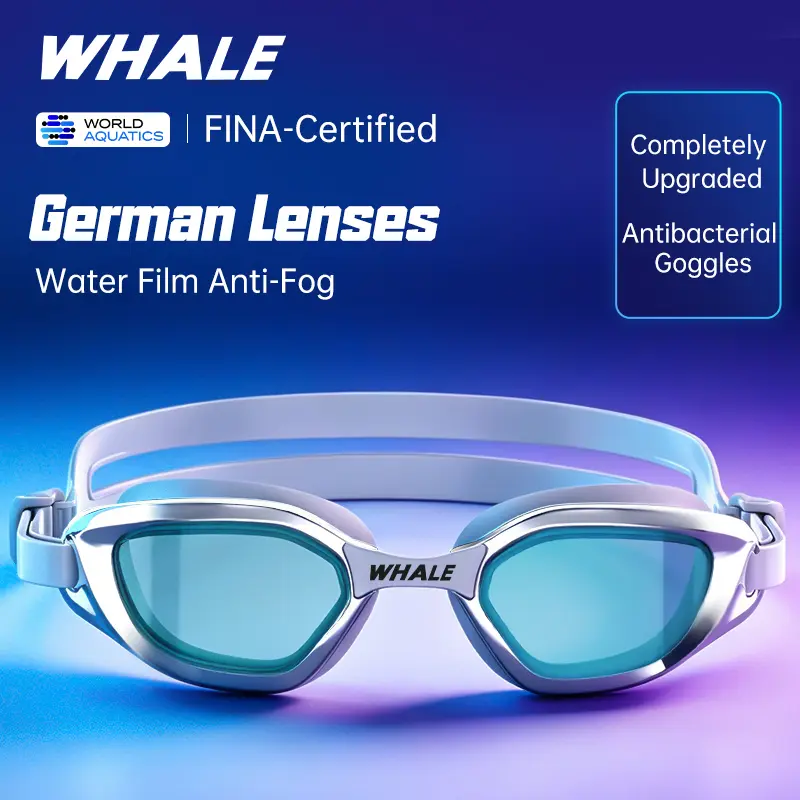 WHALE Adult Swimming Goggles, Polycarbonate Anti-Fog Lenses, Water-Film Coating, Wide View, Soft Silicone Seal, Adjustable Nose Bridges, Adjustable Fit Goggles for Swimming