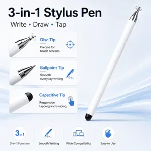 White 3-in-1 Stylus Pen for Tablets and Phones, Universal Touch Screen Pen with Ballpoint, Disc and Soft Rubber Tip, No Bluetooth or Charging, Perfect for School, Work, Drawing, Birthday Gifts