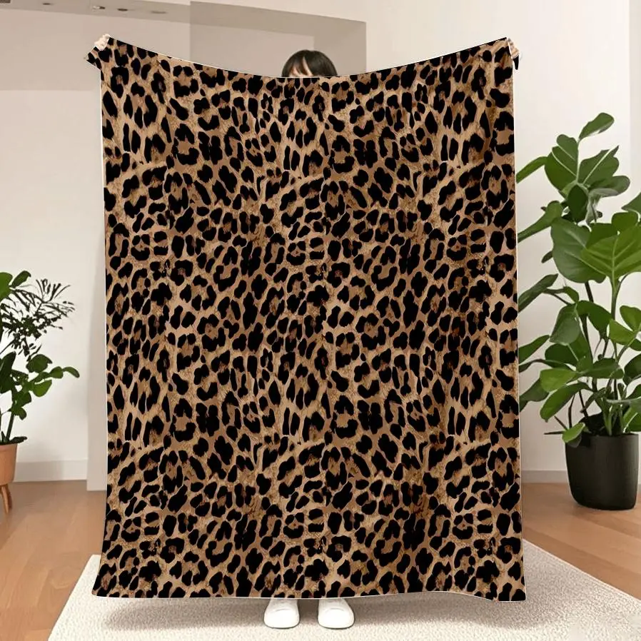 Luxurious Leopard Print Flannel Blanket Hypoallergenic Ultra Soft Cozy Fabric All Season Use Perfect For Sofa Bed Office Outdoor Machine Washable Durable Premium Quality, Polyester, Animal Pattern