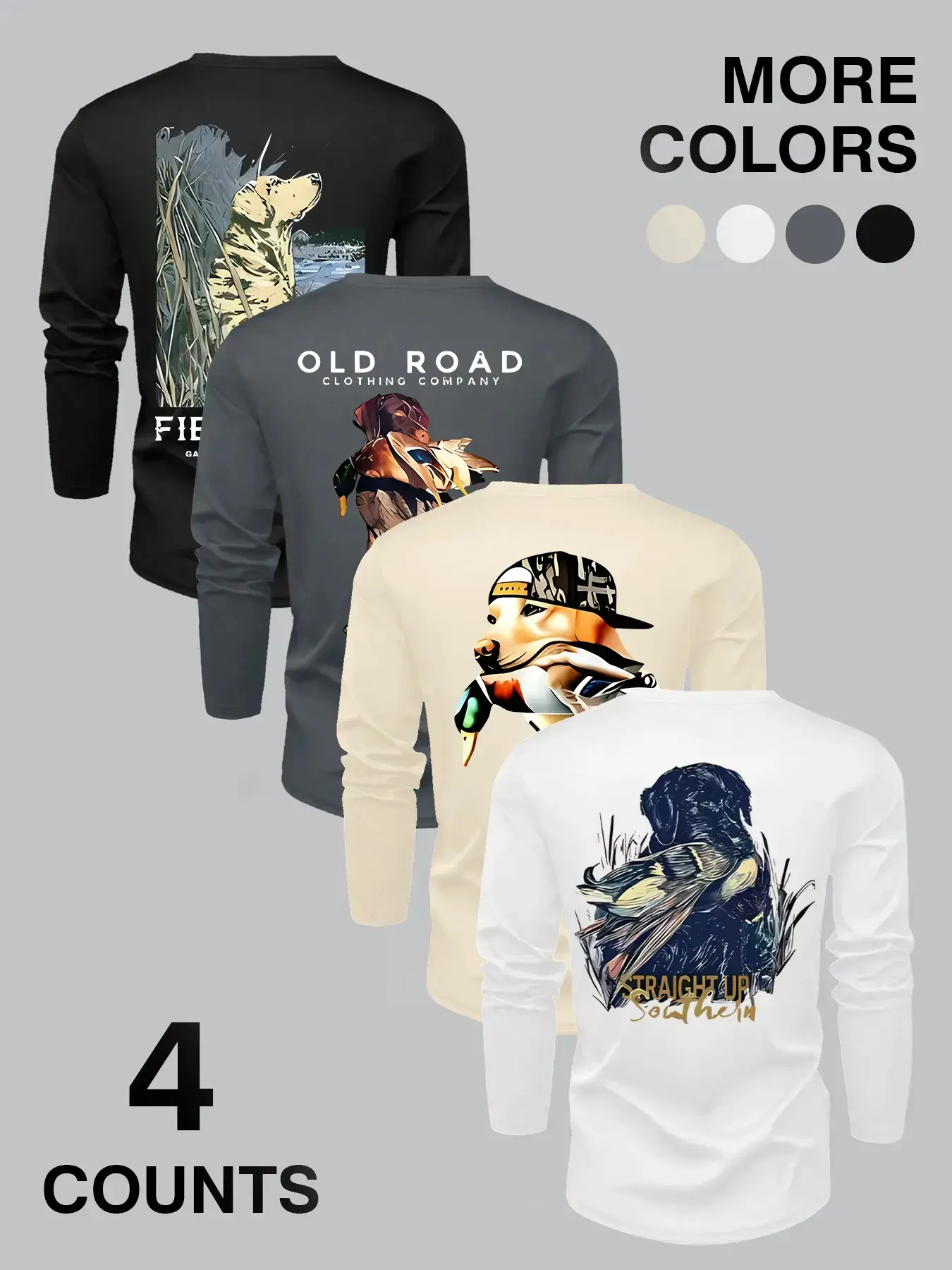 Men's Four-Pack Long Sleeve T-Shirts with Print, Fashion Street Style, Comfortable Fit, Perfect Gift for Trendy Lovers, All Seasons, Streetwear