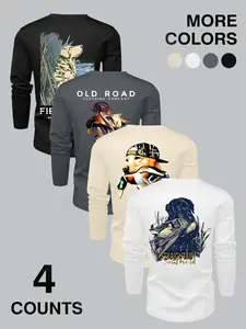 Men's Four-Pack Long Sleeve T-Shirts with Print, Fashion Street Style, Comfortable Fit, Perfect Gift for Trendy Lovers, All Seasons