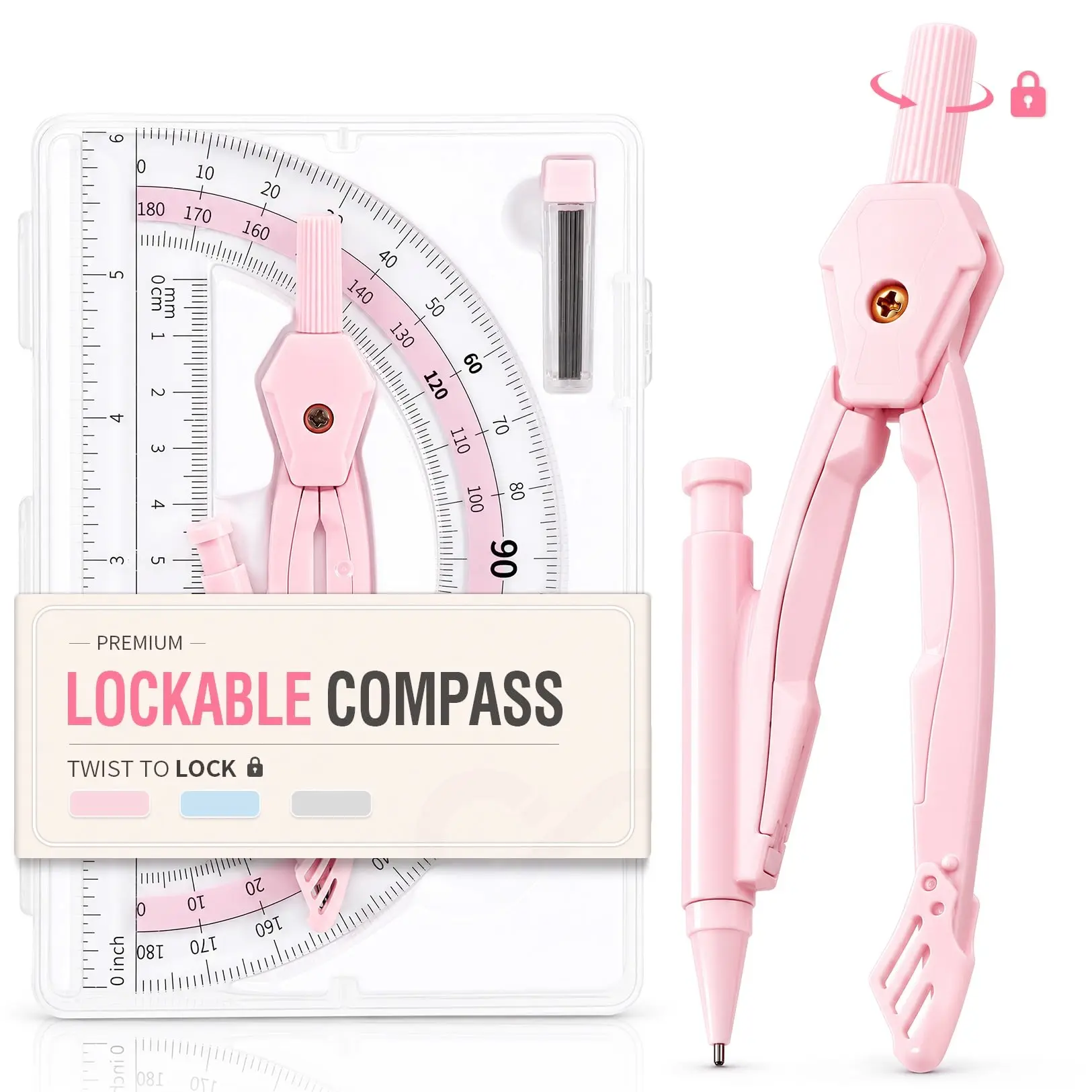 Lockable Metal Compass and Protractor Set, Compass Drawing Tool 6" Clear Protractor for Students, Compass with Refill Leads, Geometry Set Kit for Math, Drafting, Homework, Classroom, Pink