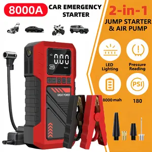 Multifunctional car emergency starter, 2-in-1 car repair kit (180 psi air compressor and 8000A car starting power supply), 12V/24V battery booster, equipped with intelligent crocodile clips and inflation accessories, car emergency rescue tool