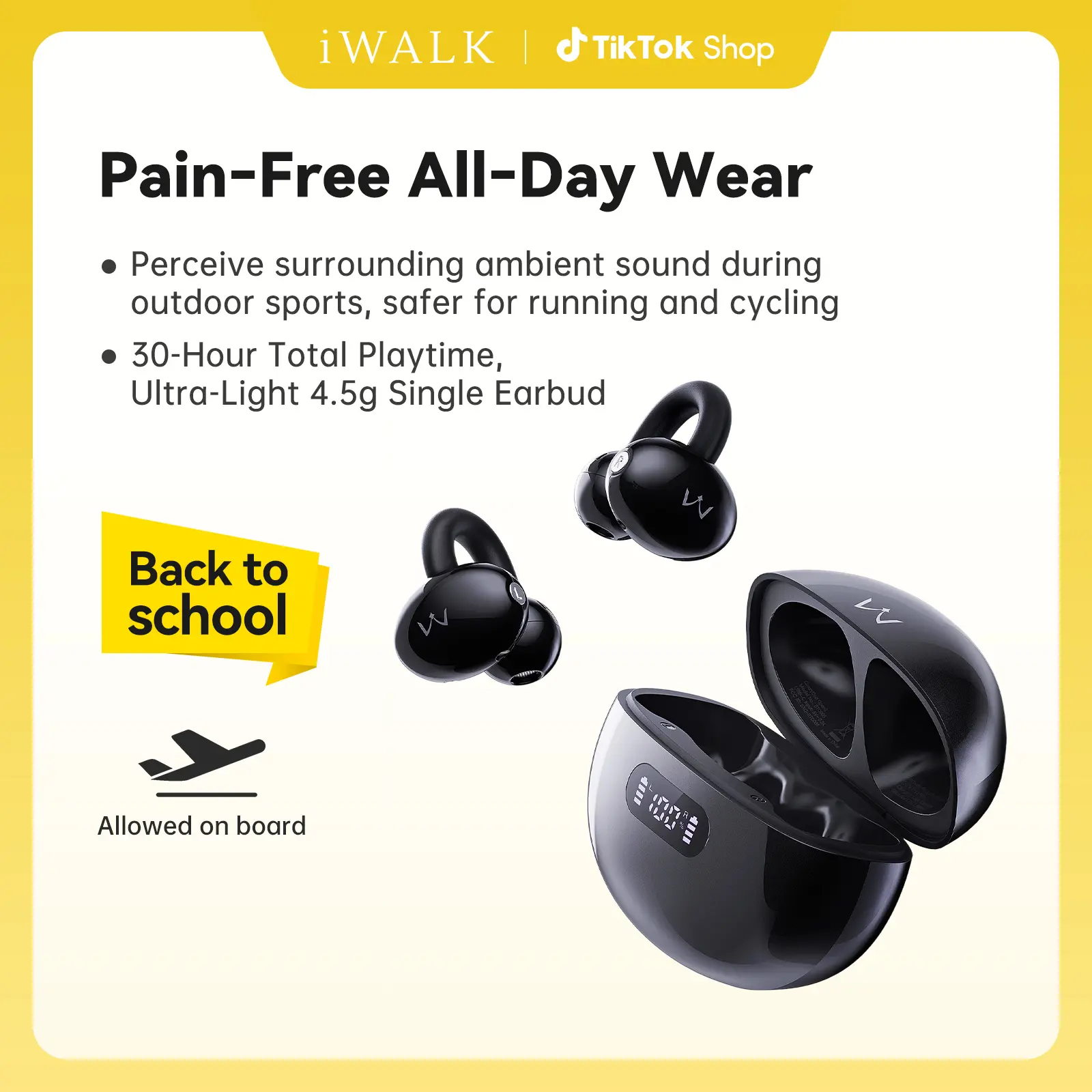 iWALK Open-Ear Clip Headphone - Sports Wireless Earbuds, Bluetooth HiFi Stereo, LED Display, 4.5g per Earbud, Lightweight, Sturdy Noise-Free Charging, 24 Hours Battery, Black Wearable Tech for Running/Walking,back to school,back to school haul