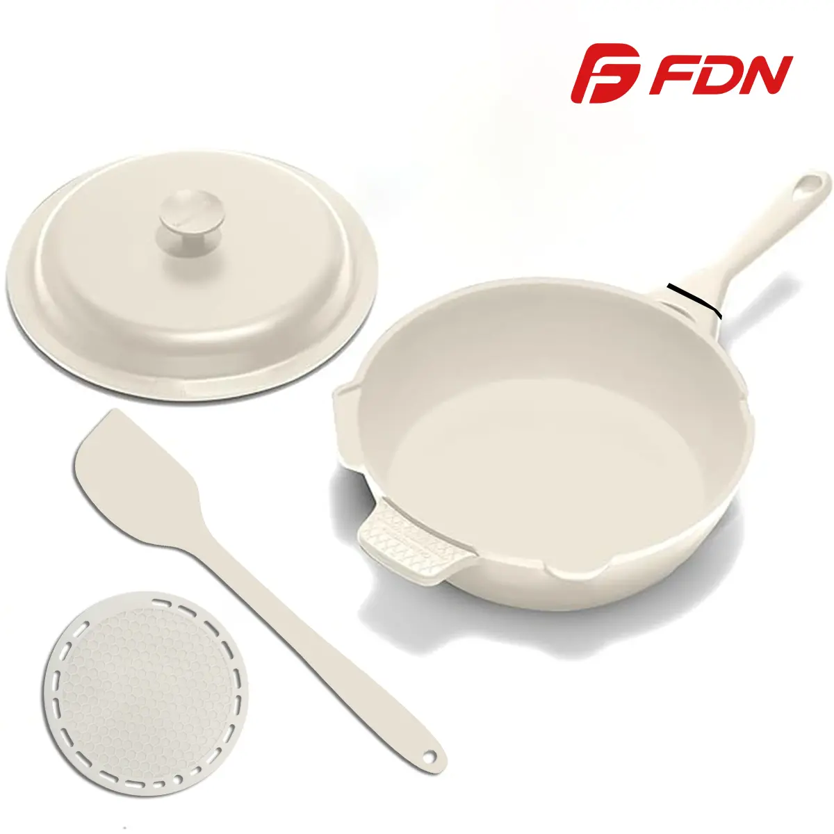 FDN 8-in Ceramic Coated Non-Toxic Non-Stick Round Skillet Set - Aluminium Single Serving Breakfast Pan with Lid, Silicone Tools, Ideal for Morning Eggs/Omelets, College Dorm Cookware, Includes Lid
