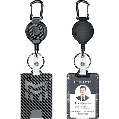 MNGARISTA Carbon Fiber Retractable Nurse Badge Reel - 10oz Office Supplies Removable ID Cardholder with 4 Secure Locking Points, Strong Clip Carabiner Key Holder, 31.5 Inch Cable, Adult Work Accessories, Black