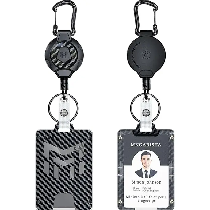 MNGARISTA Carbon Fiber Retractable Nurse Badge Reel - 10oz Office Supplies Removable ID Cardholder with 4 Secure Locking Points, Strong Clip Carabiner Key Holder, 31.5 Inch Cable, Adult Work Accessories, Black