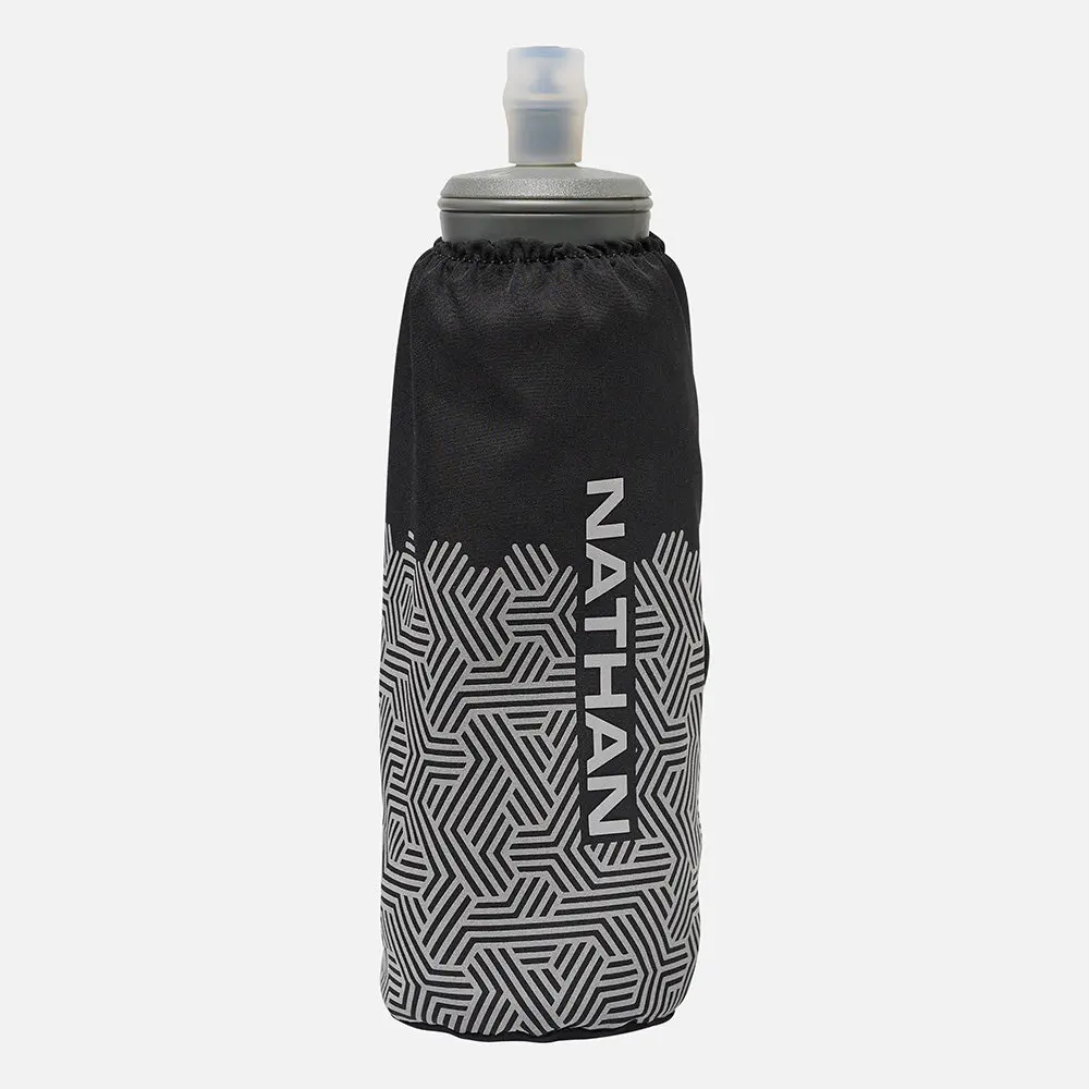 NATHAN HyperNight Pinnacle 14oz Handheld Water Bottle for Running, Lightweight Soft Flask with Hex Reflective Print, Grip-Free Mesh Strap, and ExoShot Technology, Water Bottles, Black/Hex Print, Portable, Handhold Grip, Outdoor Sports