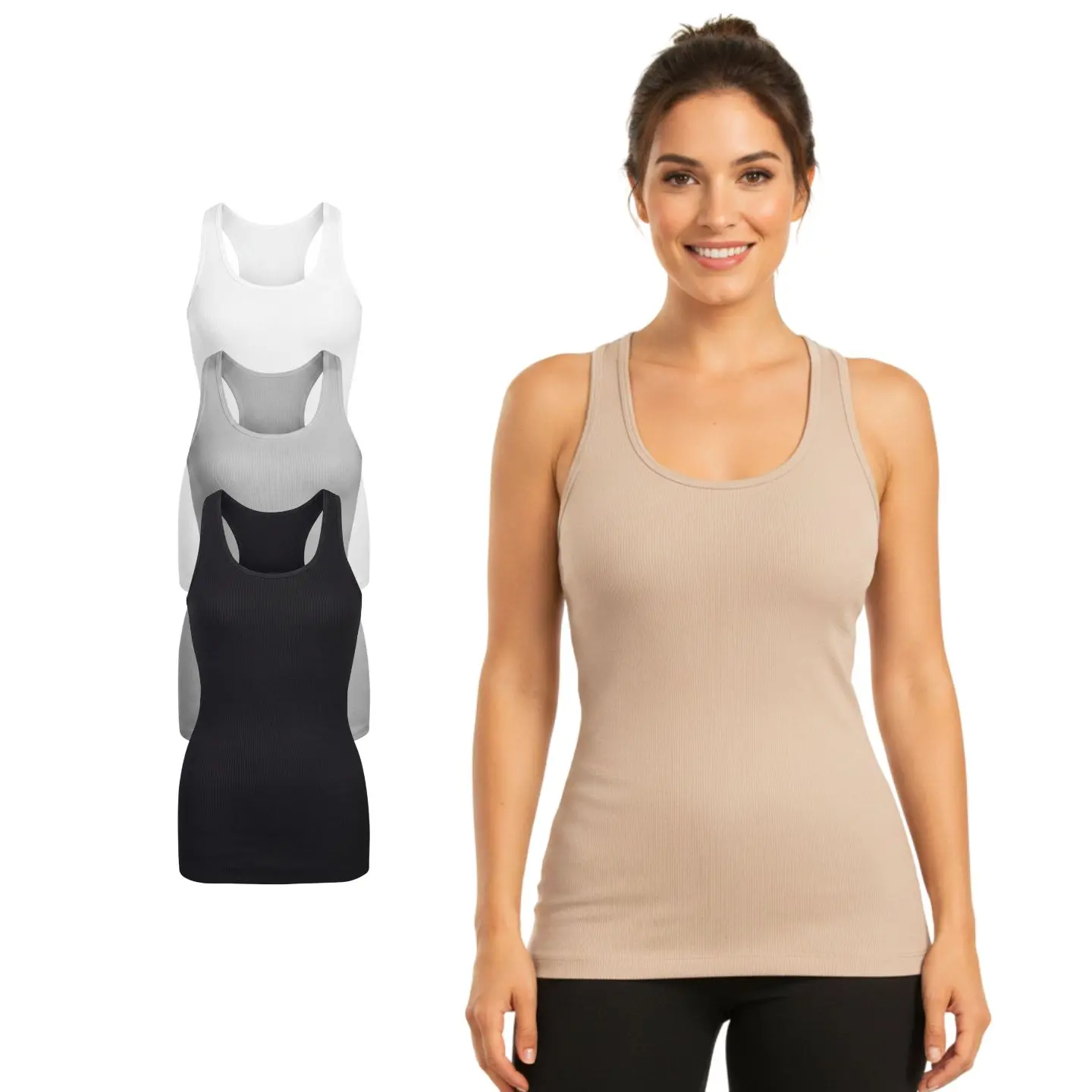 3 Pack Women's Cotton Ribbed Knit Tank Top Racerback Slim Fit Scoop Neck Premium Cotton Basic Layering Top Simple Cotton Workout Causal High Stretch Breathable Tank Undershirt for Women Athletic Yoga Summer Tops Activewear Stretchy Basic Tee