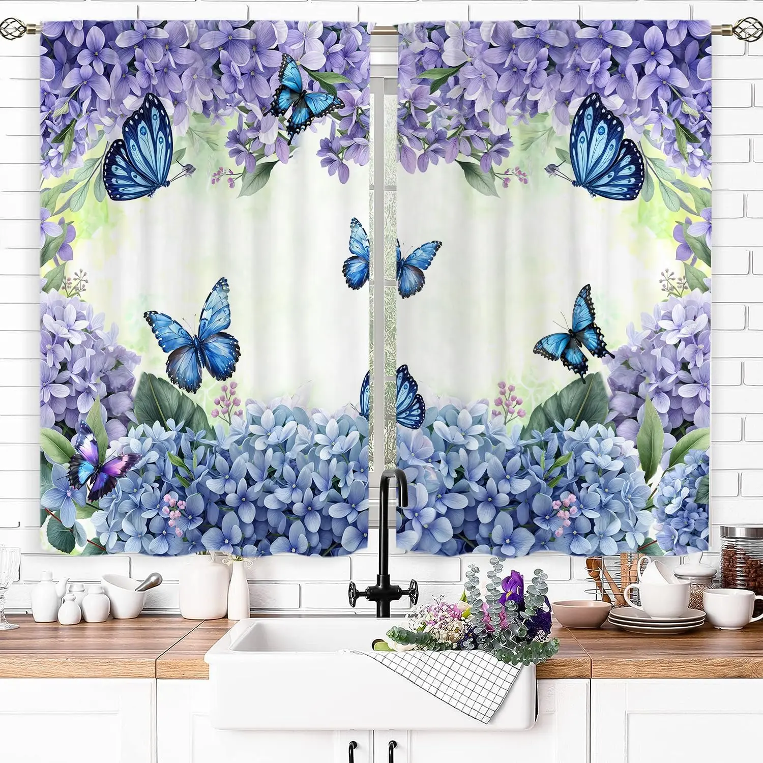 High-Density Classic 04-Blue Hydrangea 05-Blue Floral Butterfly Curtains, 2-Panel 27.5x39 in Rod Pocket Drapes, Purple Spring Green Leaves Botanical Short Cafe Tier for Kitchen/Bath, Cool Iron