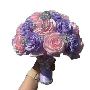 Quinceanera Bouquet- Elegant Purple and Pink Roses with Sparkling Accents. 7.6 in floral craft ball