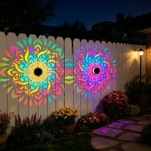 2-Pack Solar Mandala Fence Lights, Waterproof Metal Outdoor Wall Lights, Colorful Pattern Projector Lights for Garden, Patio, Backyard & Courtyard Decor