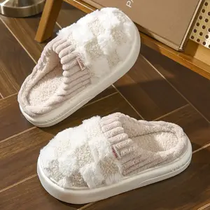 Cotton Slippers for Women Anti-Slip Cashmere Fur Lined Clogs White Monthly Indoor Home Footwear Cute Fluffy Mop Flipflop