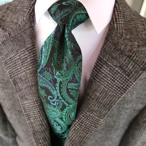 Black Green Paisley Silk Tie Pocket Square Cufflinks Set